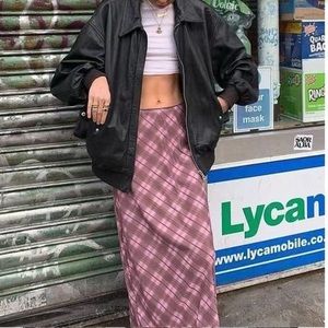 Pink and Brown Plaid Midi Skirt